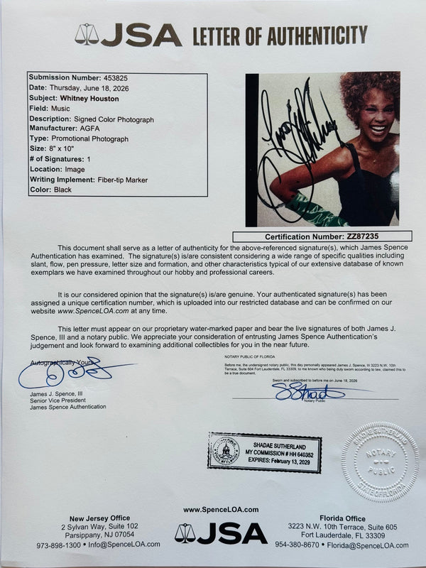 Whitney Houston Autographed 8x10 Celebrity Photo (JSA)
