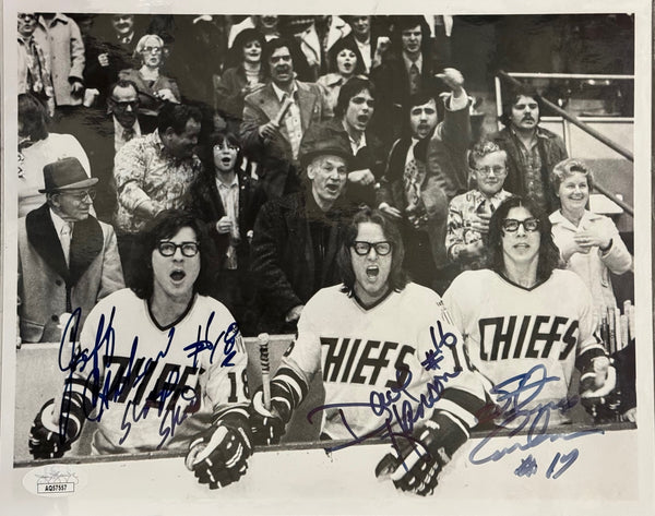 Hanson Brothers Signed Jeff Carlson Dave Hanson Steve Carlson 8x10 Slap Shot Movie (JSA)