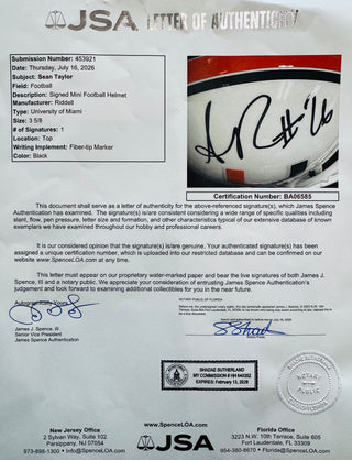 Sean Taylor Autographed University of Miami Hurricanes Mini Helmet (JSA)