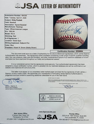 Kirby Puckett Autographed Official American League Baseball (JSA)