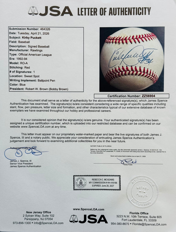 Kirby Puckett Autographed Official American League Baseball (JSA)