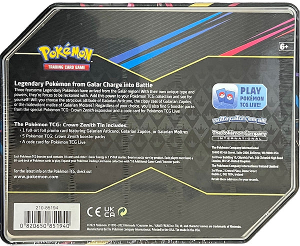 Pokemon TCG: Crown Zenith Tin – Galarian Articuno (1 Foil Card & 5 Booster  Packs)