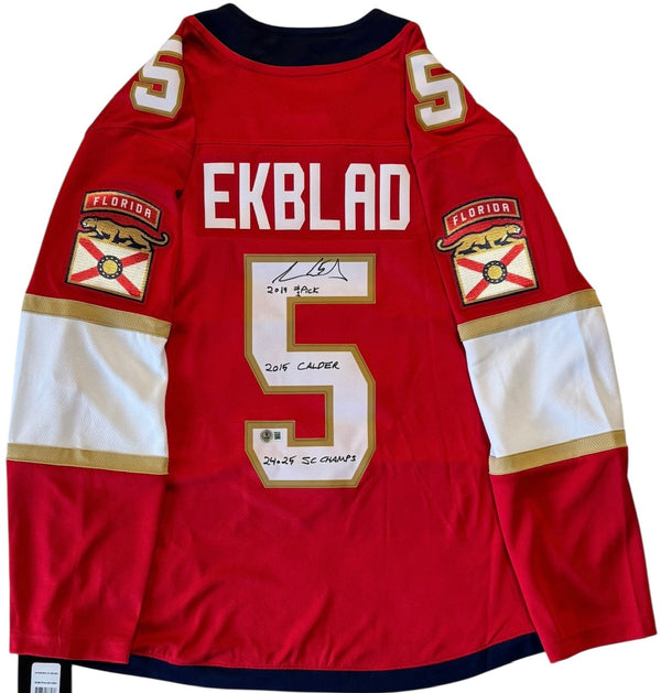 Aaron Ekblad Autographed Panthers Red Breakaway Fanatics Jersey (Beckett Witness)