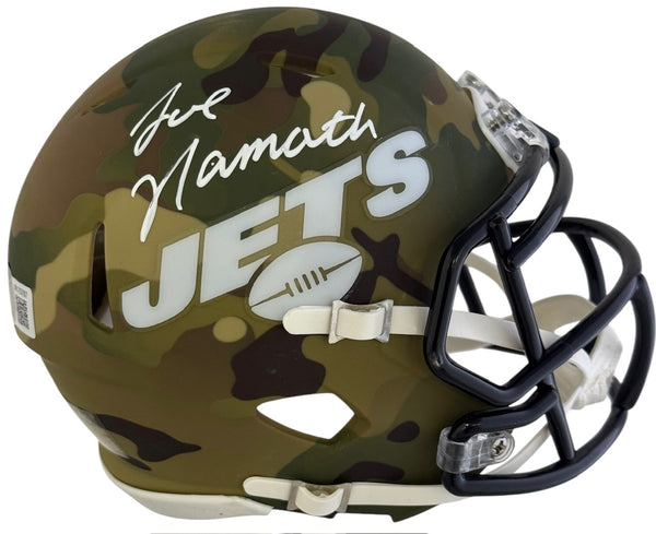 camo football helmet Joe Namath Autographed Alternate Camo Jets Mini Helmet (Beckett)