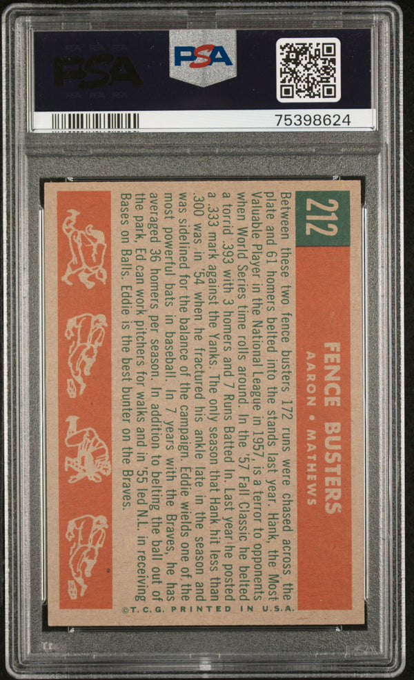 Fence Busters Hank Aaron Eddie Mathews 1959 Topps Card #212 (PSA 7)