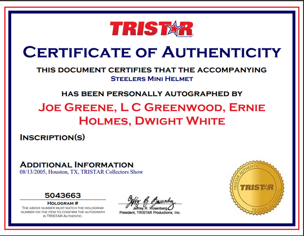Joe Greene LC Greenwood Dwight White Ernie Holmes Signed Steelers Mini Helmet (Tristar)