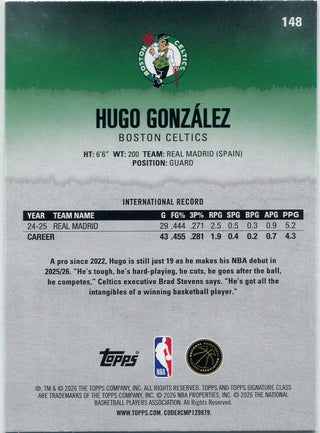 Hugo Gonzalez 2025 - 2026 Topps Signature Class Round 1 Pick 28 RC #148