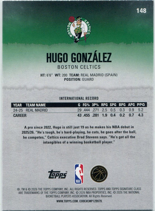 Hugo Gonzalez 2025 - 2026 Topps Signature Class Round 1 Pick 28 RC #148