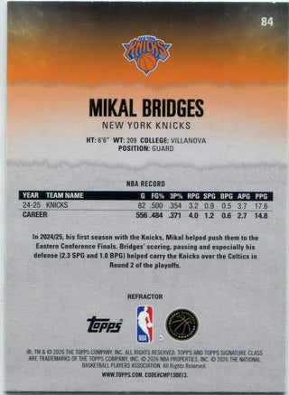 Mikal Bridges 2025 - 2026 Topps Signature Class Round 1 Pick 10 Refractor Card #84
