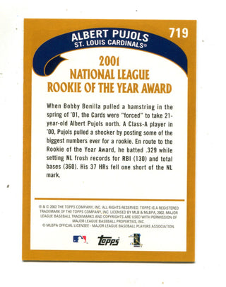 Albert Pujols 2002 Topps #719 Rookie of the year Card