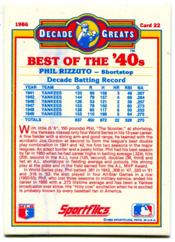 Phil Rizzuto 1986 Decade Greats Autographed Card #22