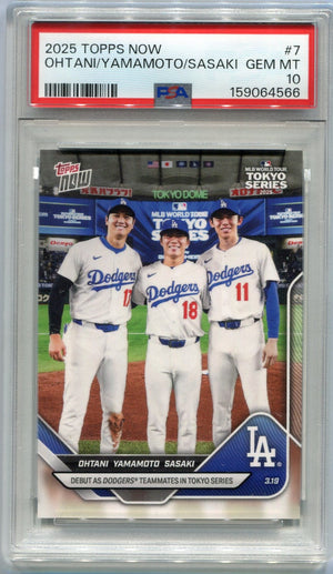 Shohei Ohtani, Yoshinobu Yamamoto & Roki Sasaki 2025 Topps Now Tokyo Series Card #7 PSA Graded 10