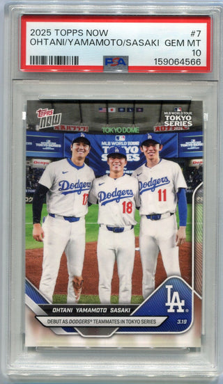 Shohei Ohtani, Yoshinobu Yamamoto & Roki Sasaki 2025 Topps Now Tokyo Series Card #7 PSA Graded 10