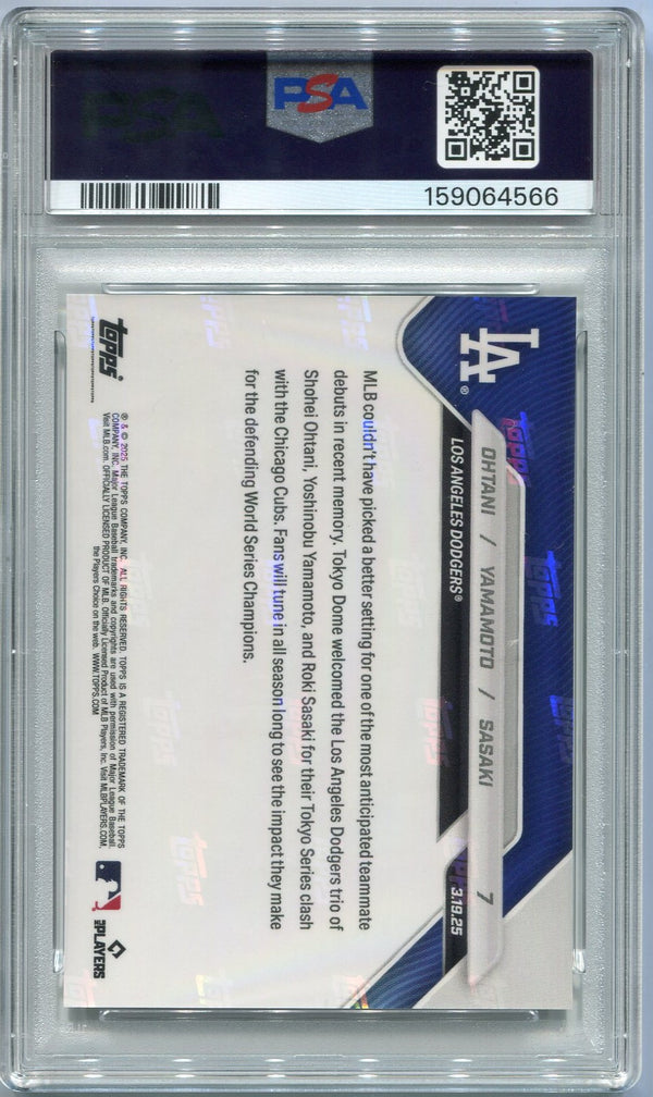 Shohei Ohtani, Yoshinobu Yamamoto & Roki Sasaki 2025 Topps Now Tokyo Series Card #7 PSA Graded 10