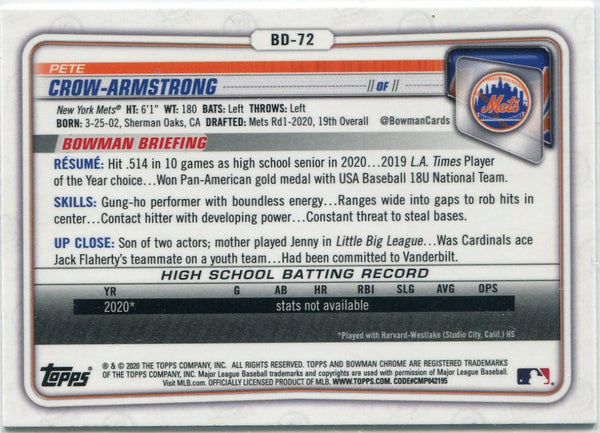 Pete Crow-Armstrong 2020 Bowman Draft Chrome RC #BD-72