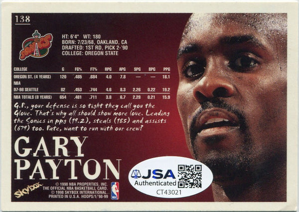 Gary Payton 1998 - 1999 Skybox Autographed Card JSA Certified