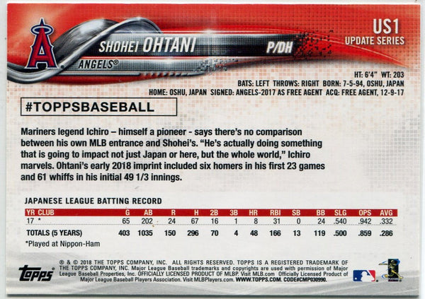 Shohei Ohtani 2018 Topps Update Series RC #US1