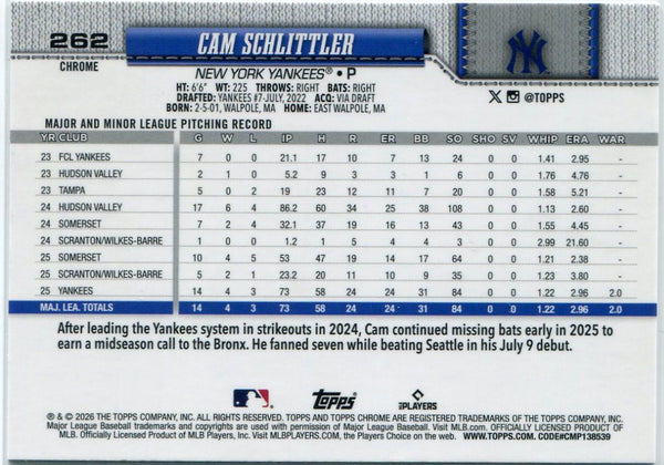 Cam Schlittler 2026 Topps Chrome RC #262