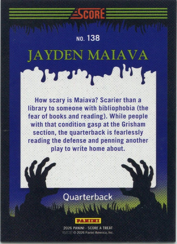 Jayden Maiava 2026 Panini Score A Treat Pumpkins Parallel RC #138