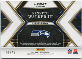 Kenneth Walker III 2022 Panini Select Autographed & Jersey Blue Prizm RC #RSM-KW 59/75