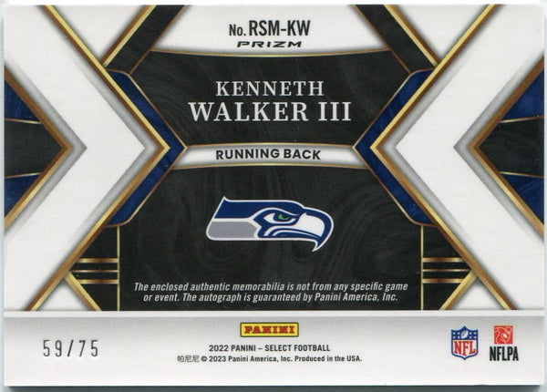 Kenneth Walker III 2022 Panini Select Autographed & Jersey Blue Prizm RC #RSM-KW 59/75
