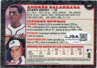 Andres Galarraga 1999 Bowman Autographed Card JSA Certified
