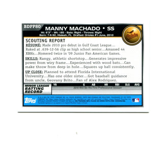 Manny Machado 2010 Topps 1st Bowman #BDPP80 Card