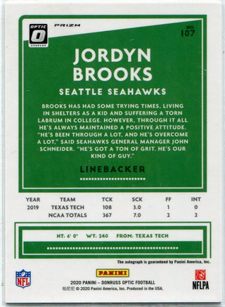 Jordyn Brooks 2020 Panini Donruss Optic Autographed Bronze Prizm RC #107