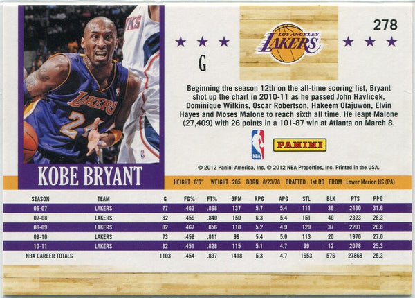 Kobe Bryant 2011 - 2012 Panini Hoops Card #278