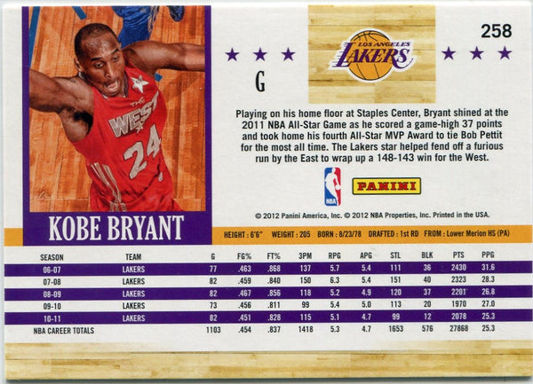 Kobe Bryant 2011 - 2012 Panini Hoops Card #258