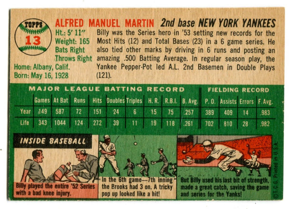 Billy Martin 1954 Topps #13 Card