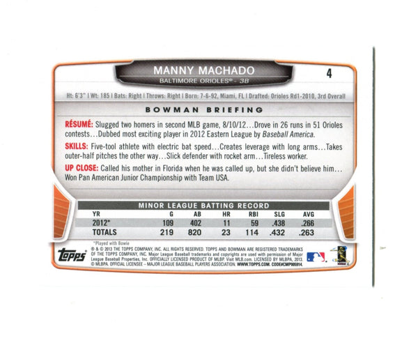Manny Machado 2013 Topps Bowman Rookie #4 Card