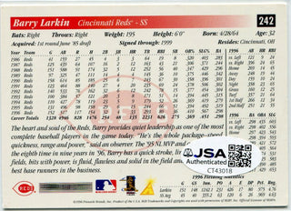 Barry Larkin 1996 Pinnacle Autographed Card JSA Certified