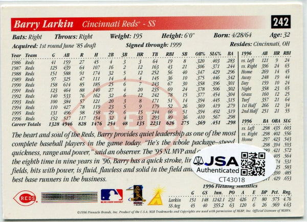 Barry Larkin 1996 Pinnacle Autographed Card JSA Certified