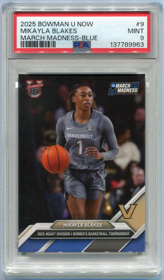 Mikayla Blakes 2025 Bowman U Now March Madness Blue Parallel Card #9 PSA Graded 9
