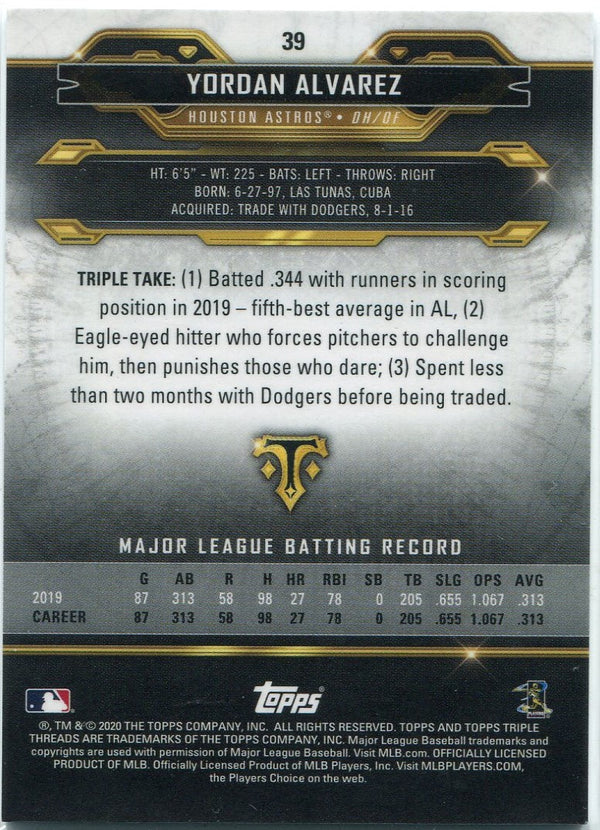 Yordan Alvarez 2020 Topps Triple Treads RC #39