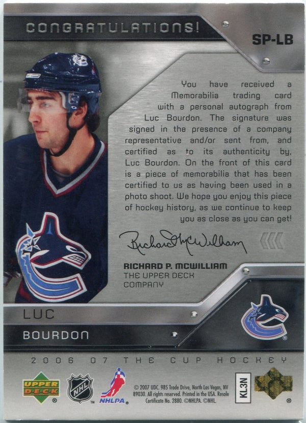Luc Bourdon 2006 - 2007 Upper Deck The Cup 4 Color Patch & Autographed RC #SP-LB 51/75