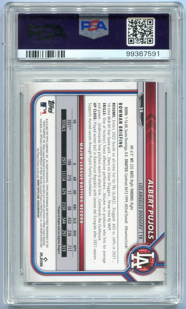 Albert Pujols 2022 Bowman Autographed Card #39 PSA/DNA Certified