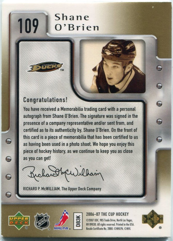 Shane O'Brien 2006 - 2007 Upper Deck The Cup 2 Color Patch Autographed Gold Parallel RC #109 20/37