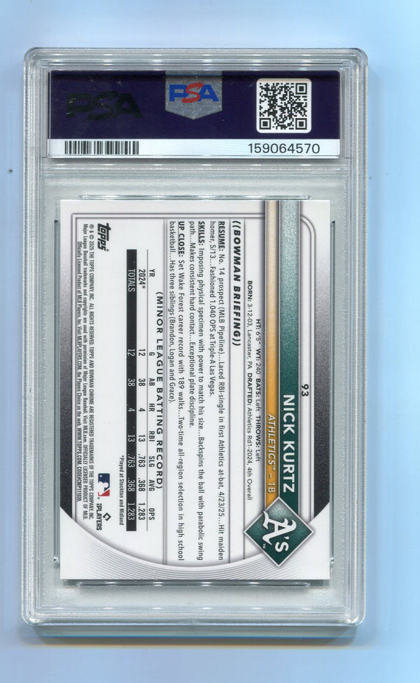 Nick Kurtz 2025 Bowman Chrome Mega Box Refractor RC #93 PSA Graded 8