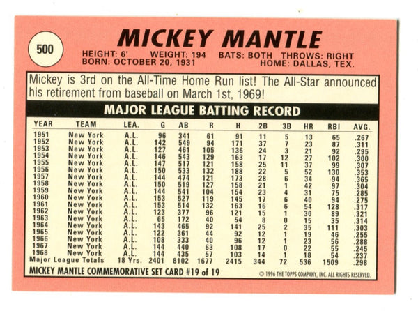 Mickey Mantle 1996 Topps Commemorative Set #500 Card