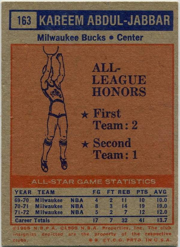 Kareem Abdul-Jabbar 1972 - 1973 Topps 1st Team NBA All-Stars Card #163