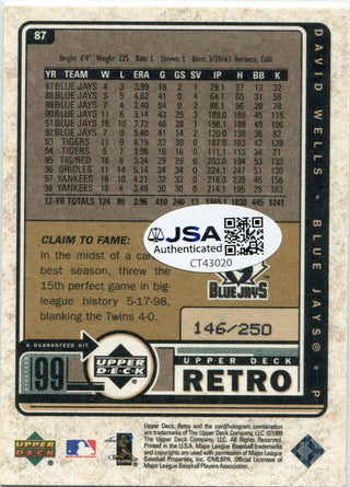 David Wells 1999 Upper Deck Autographed Card JSA Certified