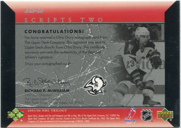 Chris Drury 2005 - 2006 Upper Deck Trilogy Scripts Two Autographed Card #SCS-CD