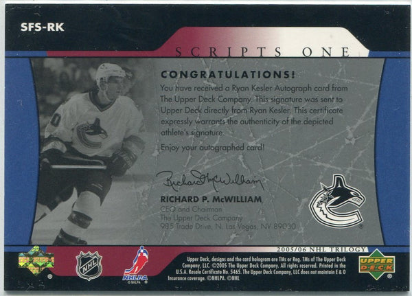 Ryan Kesler 2005 - 2006 Upper Deck Trilogy Scripts One Autographed Card #SFS-RK
