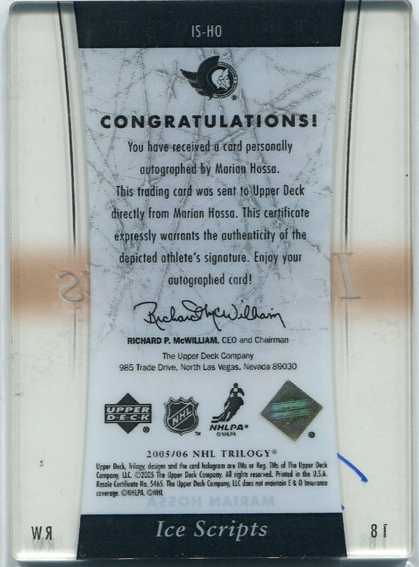 Marian Hossa 2005 - 2006 Upper Deck Trilogy Ice Scripts Autographed Card #IS-HO