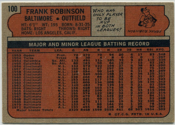 Frank Robinson 1972 Topps Card #100