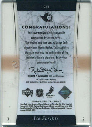 Martin Havlat 2005 - 2006 Upper Deck Trilogy Ice Scripts Autographed Card #IS-HA