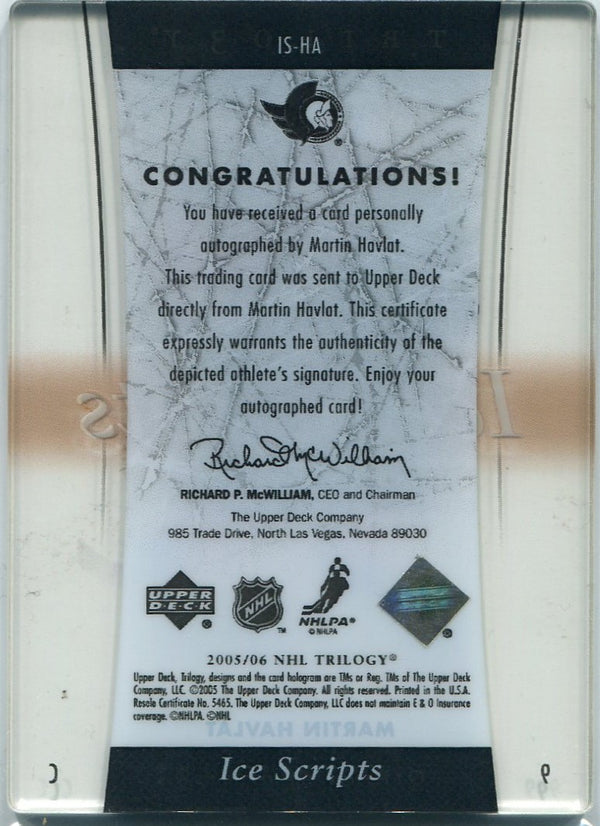 Martin Havlat 2005 - 2006 Upper Deck Trilogy Ice Scripts Autographed Card #IS-HA
