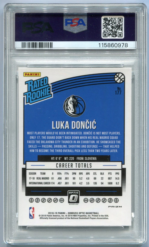 Luka Doncic 2018 - 2019 Panini Donruss Optic Rated Rookie Shock Prizm RC #177 PSA Graded 9